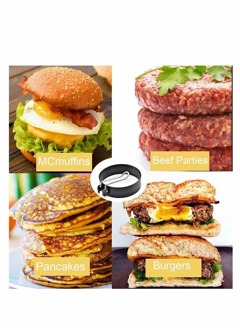 Egg Ring Mold 4 Pack Stainless Steel Non-Stick Metal Circle Shaper Round Egg Cooker Rings Maker Set For Frying Mcmuffin Shaping Eggs Sandwiches With Silicone Brush S-Shaped Hook Oven Glove