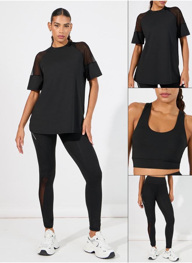 Pack of 3 - Shoulder Mesh Detail Top, Back Dual Tear Drop Sports Bra & Leggings Set