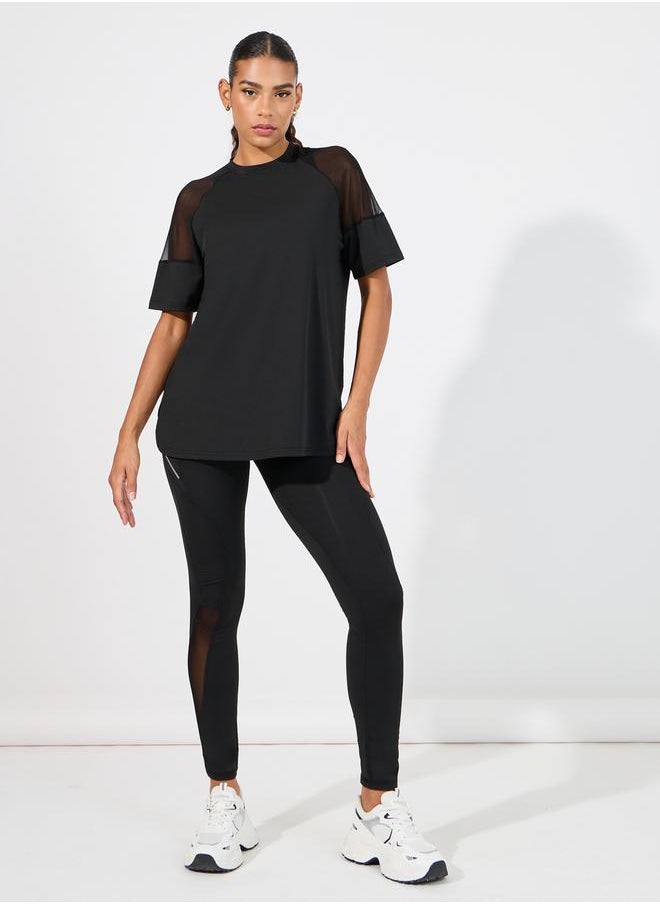 Pack of 3 - Shoulder Mesh Detail Top, Back Dual Tear Drop Sports Bra & Leggings Set
