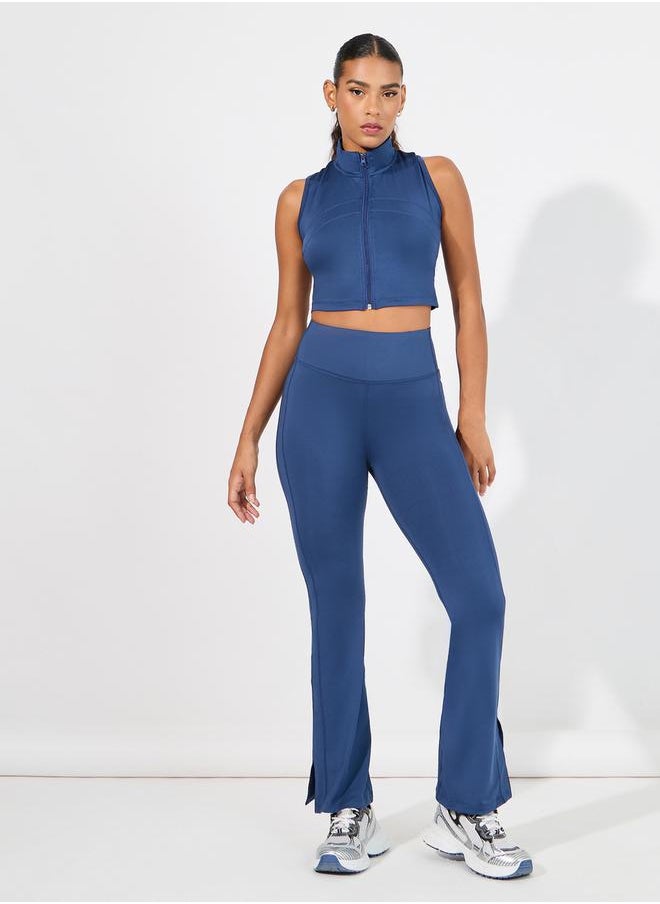 Overall Tonal Stitch Detail Zip Up Longline Sport Bra & Flared Leggings Set