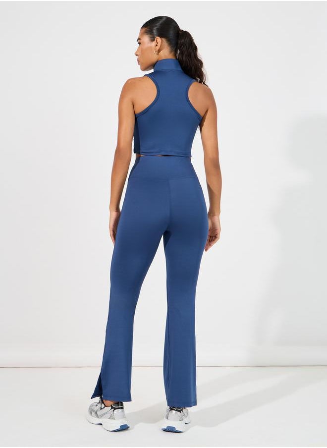 Overall Tonal Stitch Detail Zip Up Longline Sport Bra & Flared Leggings Set