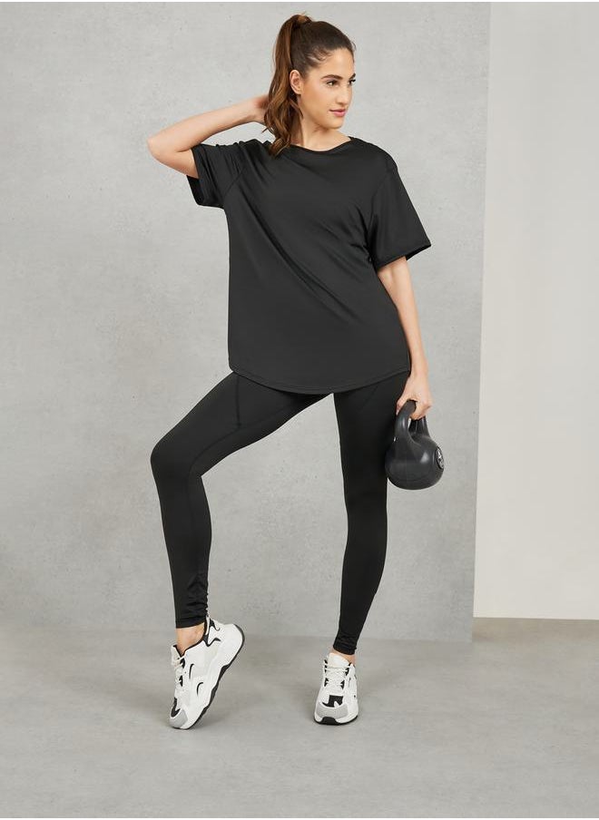 Pack of 3 - Mesh Back Detail T-Shirt Crossback Strap Sports Bra and Stitch Detail Legging Active Set