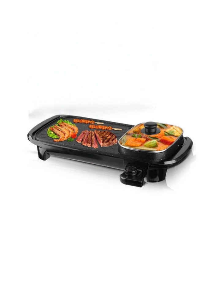 2 In 1 Multifunctional Smokeless Non-stick Layer Electric BBQ Grill Baking Pan& Hot Pot With Oil Box