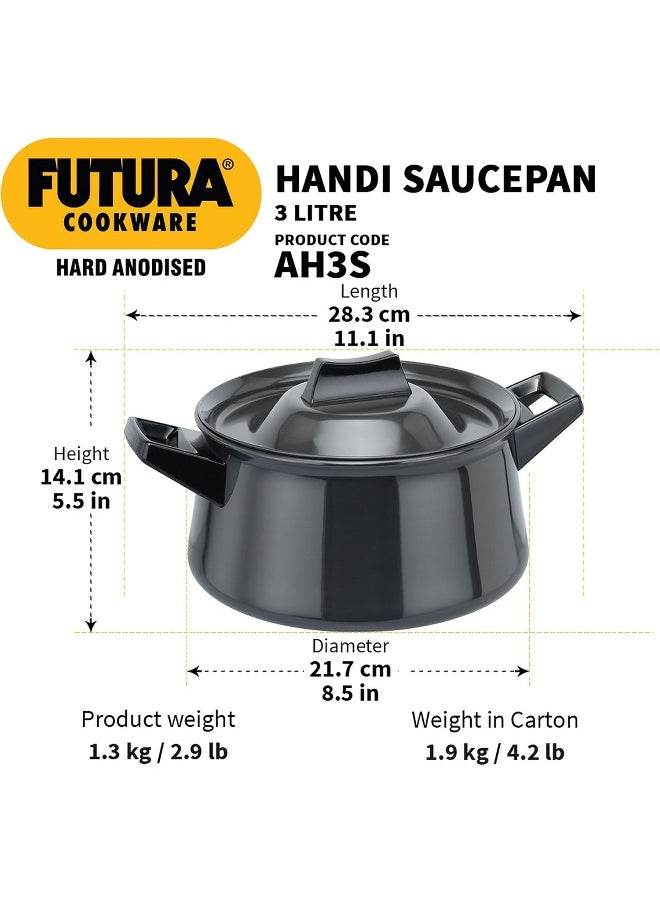 Futura Hard Anodised Handi Saucepan 3 Liter 21 cm 4.06 mm with 2 Short Handles Aluminium Black