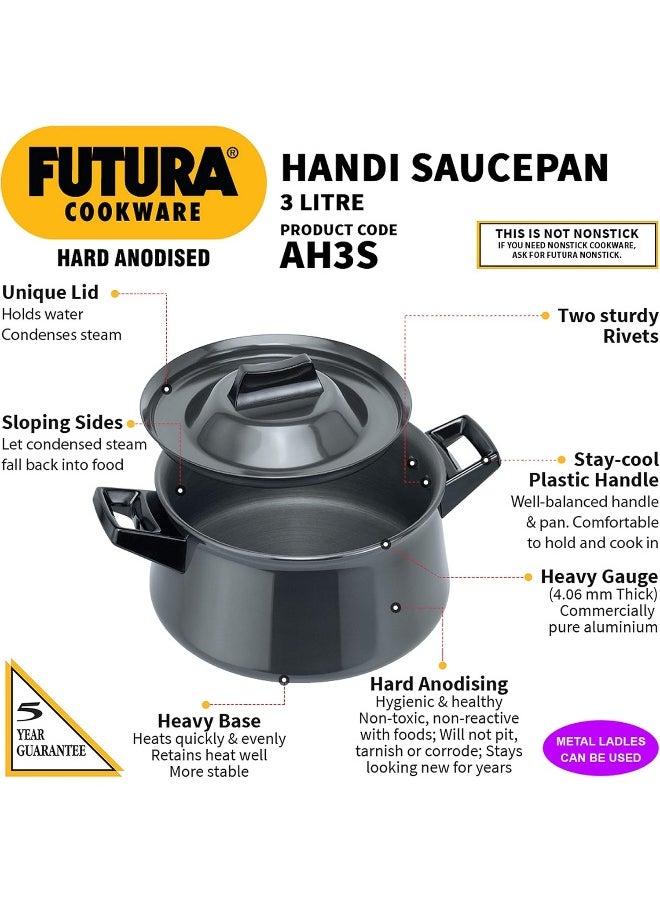 Futura Hard Anodised Handi Saucepan 3 Liter 21 cm 4.06 mm with 2 Short Handles Aluminium Black