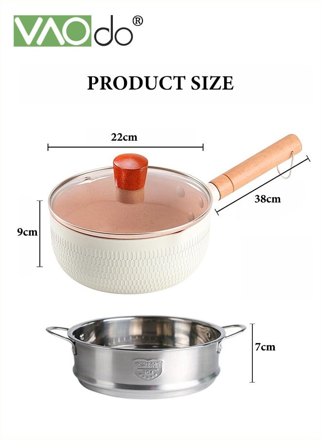 Stainless Steel Saucepan with Steamer Universal Milk Pot for All Stoves Lightweight Non-Stick Pan 22cm