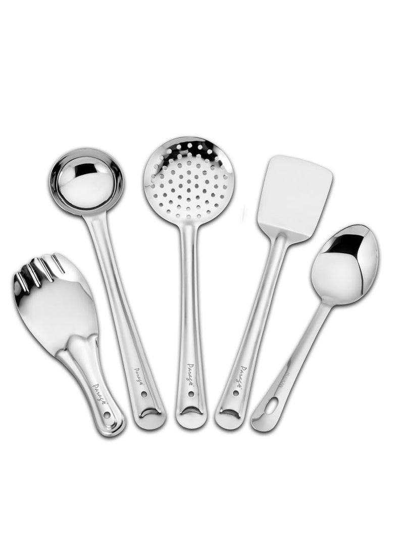 Parage 5 Pieces Stainless Steel Kitchen Tools Set for Kitchen Cooking and Serving, Pack of 5, Ladle(Karchhi), Skimmer(Jhara), Turner/Spatula (Palta), Basting and Rice Spoon, Silver