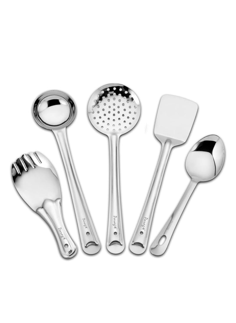 Parage 5 Pieces Stainless Steel Kitchen Tools Set for Kitchen Cooking and Serving, Pack of 5, Ladle(Karchhi), Skimmer(Jhara), Turner/Spatula (Palta), Basting and Rice Spoon, Silver