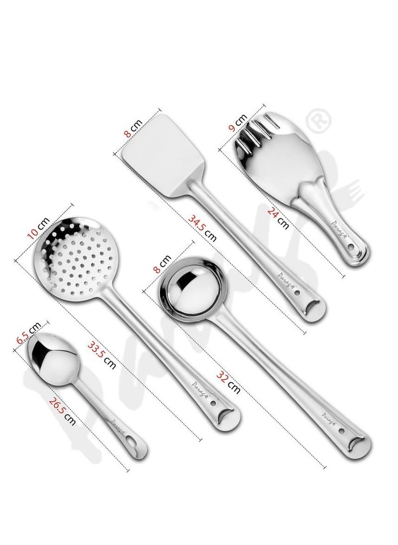 Parage 5 Pieces Stainless Steel Kitchen Tools Set for Kitchen Cooking and Serving, Pack of 5, Ladle(Karchhi), Skimmer(Jhara), Turner/Spatula (Palta), Basting and Rice Spoon, Silver