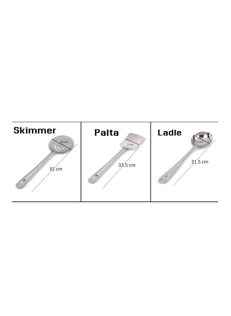 Stainless Steel 3Pieces Cooking Spoons Set, Contains Ladle, Turner, Skimmer,Kitchen Cooking Essential Set for Home, Set of 3