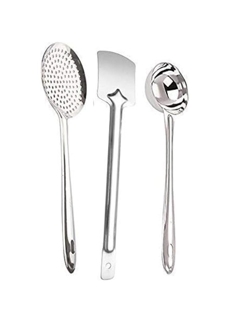 Stainless Steel 3Pieces Cooking Spoons Set, Contains Ladle, Turner, Skimmer,Kitchen Cooking Essential Set for Home, Set of 3