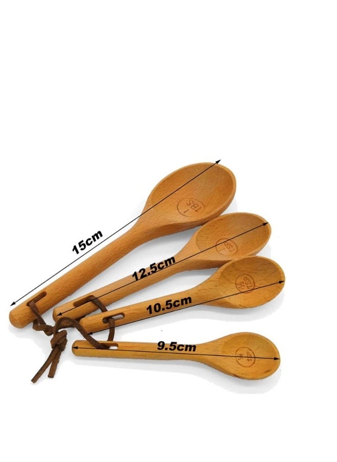 4PCS Wooden Beech Measuring Spoons Cups Baking Utensil Set, Engraved Accurate Spoons for Dry and Liquid Ingredients, No Paint Kitchen Cooking Tools Tablespoon