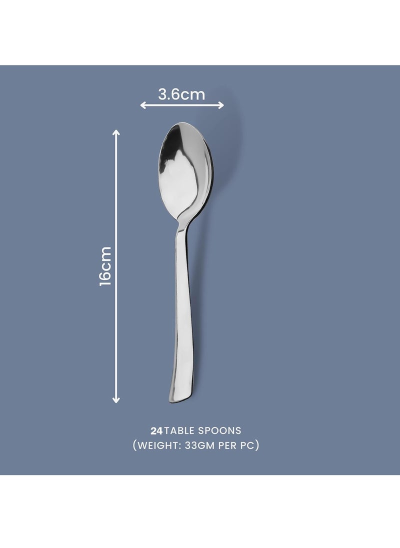 Parage 24 Pieces Stainless Steel Spoons Set, Dinner Spoon Length 16cm, Food Grade Silverware for Home & Kitchen- Mirror Polished, 24 Silver Spoons