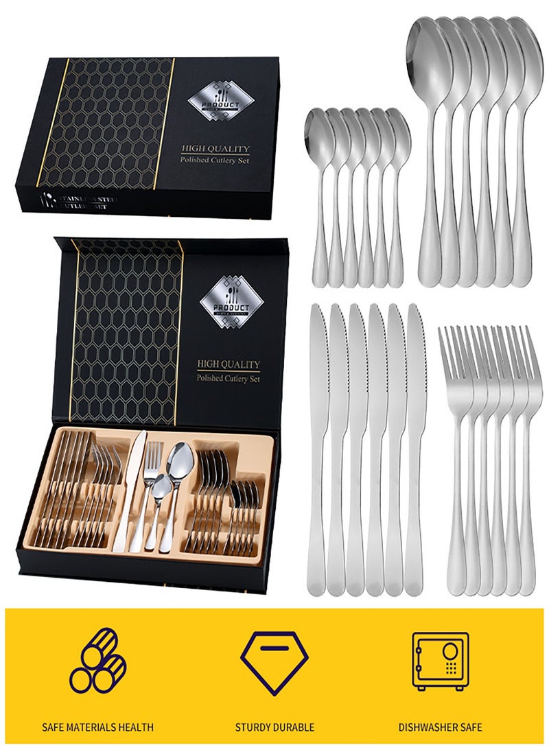 24-Piece Stainless Steel Quality Flatware With Knives, Forks, And Spoons, Mirror Polished Flatware Silver