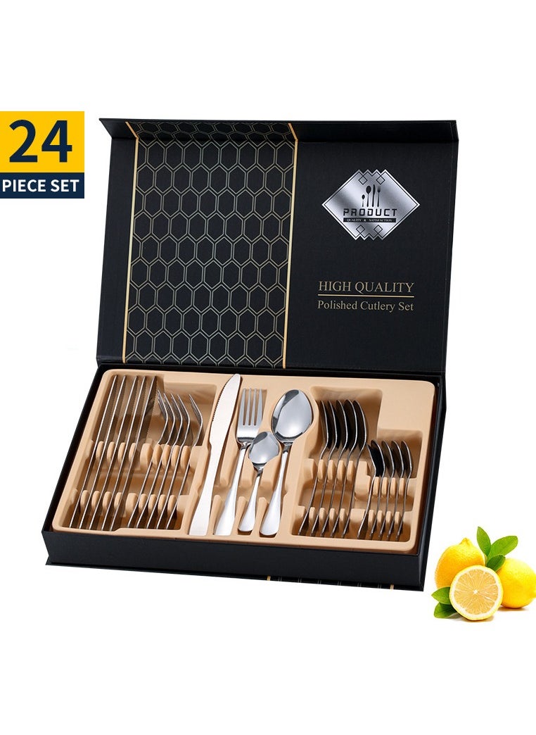 24-Piece Stainless Steel Quality Flatware With Knives, Forks, And Spoons, Mirror Polished Flatware Silver