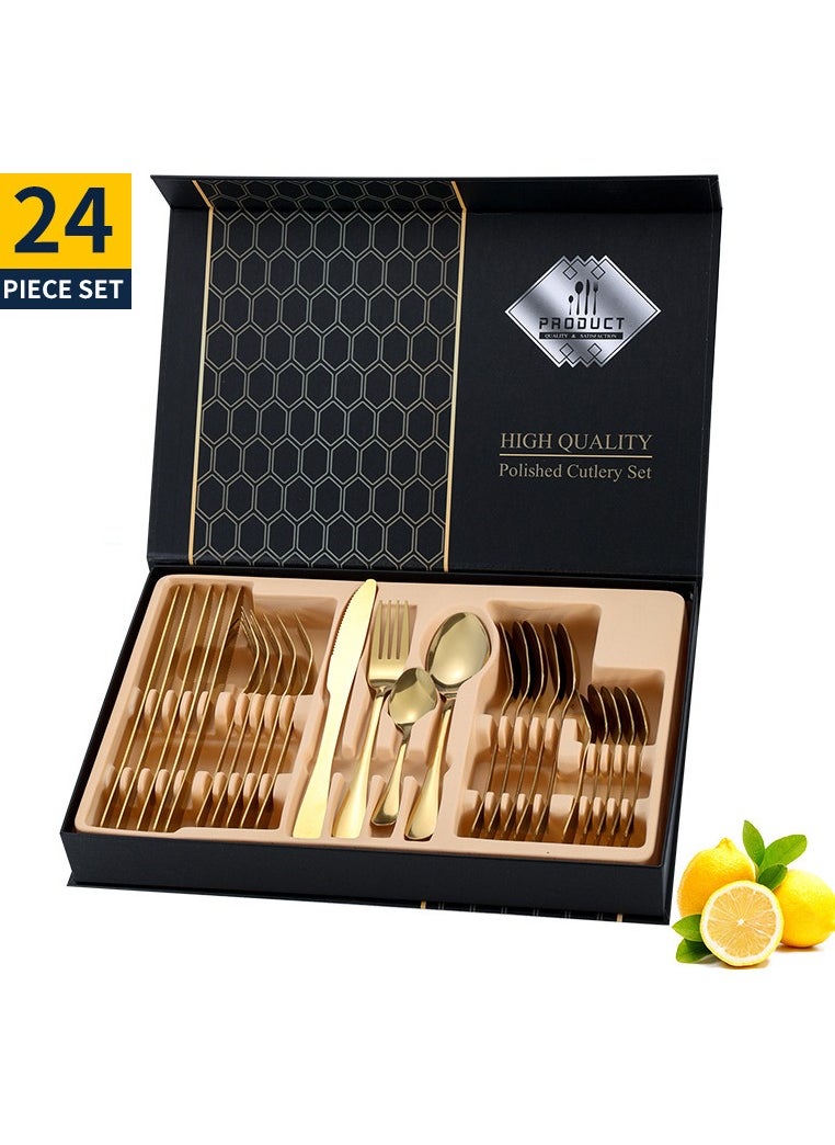 24-Piece Stainless Steel Quality Flatware With Knives, Forks, And Spoons, Mirror Polished Flatware Gold