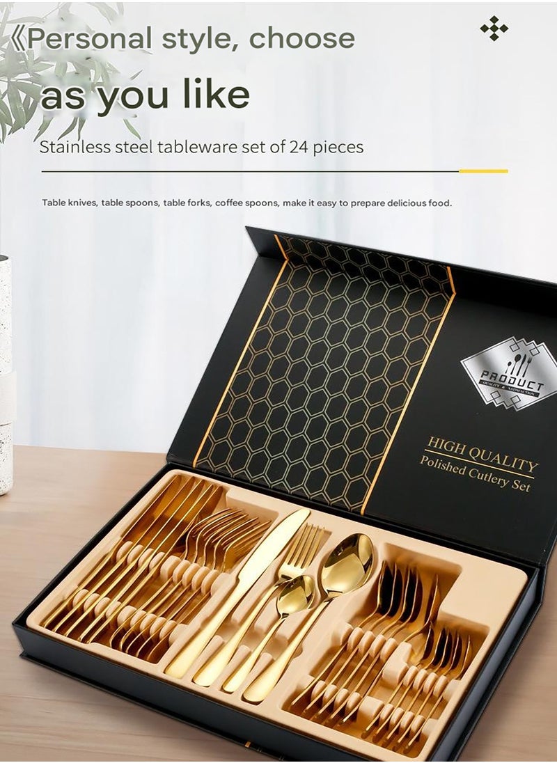 24-Piece Stainless Steel Quality Flatware With Knives, Forks, And Spoons, Mirror Polished Flatware Gold