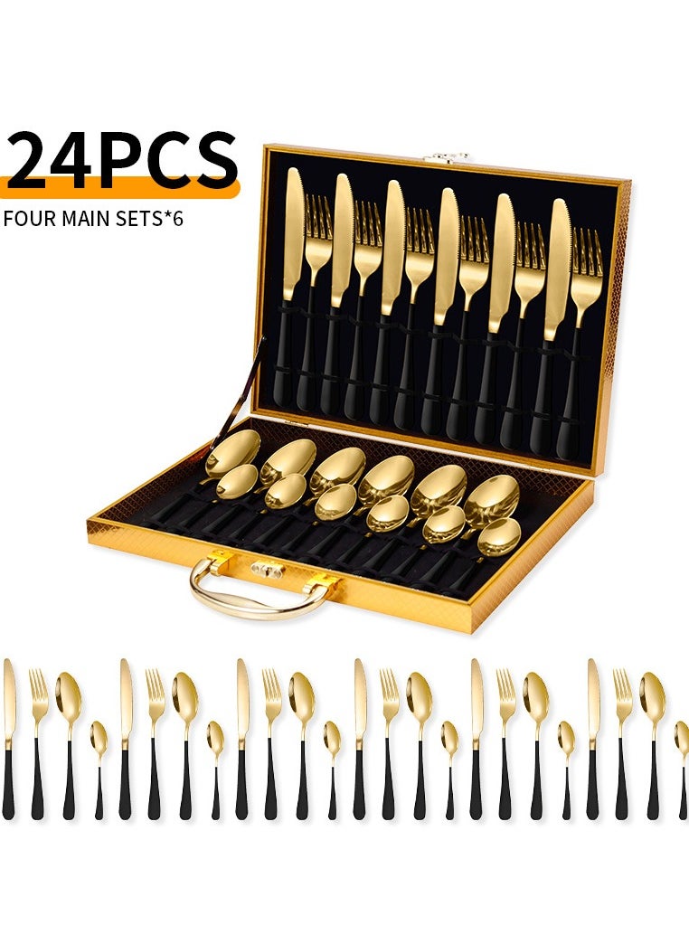 24-Piece Stainless Steel Durable Flatware Set Gold and Black