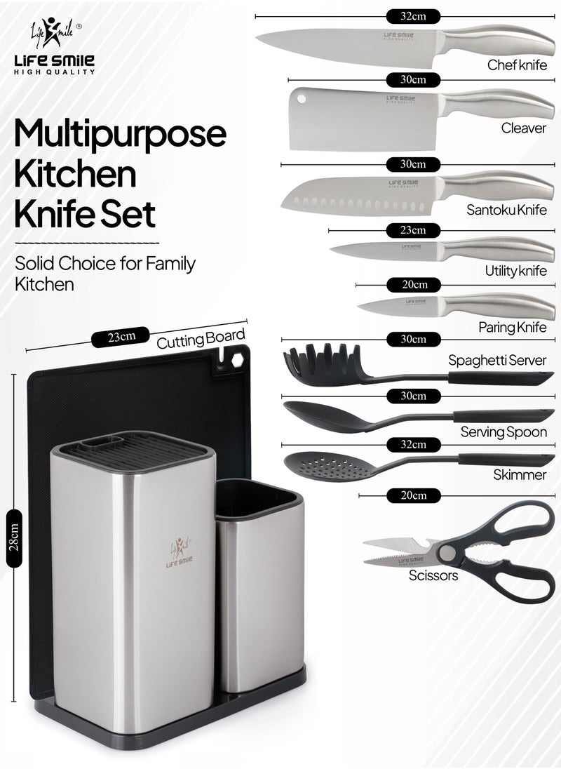 11PCS High Carbon Stainless Steel Multipurpose Knife Block Set Include Chef Knife Cleaver Santoku Knife Tools 1xCutting Board and Knife Sharpner