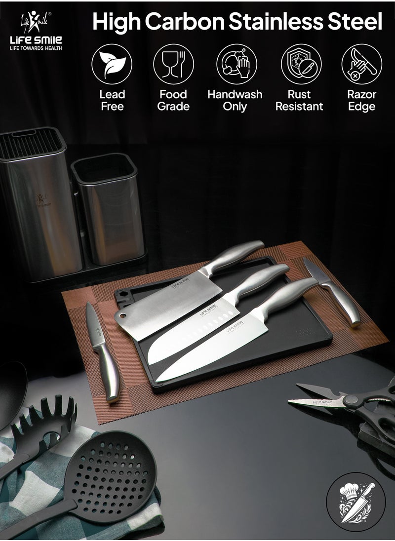 11PCS High Carbon Stainless Steel Multipurpose Knife Block Set Include Chef Knife Cleaver Santoku Knife Tools 1xCutting Board and Knife Sharpner