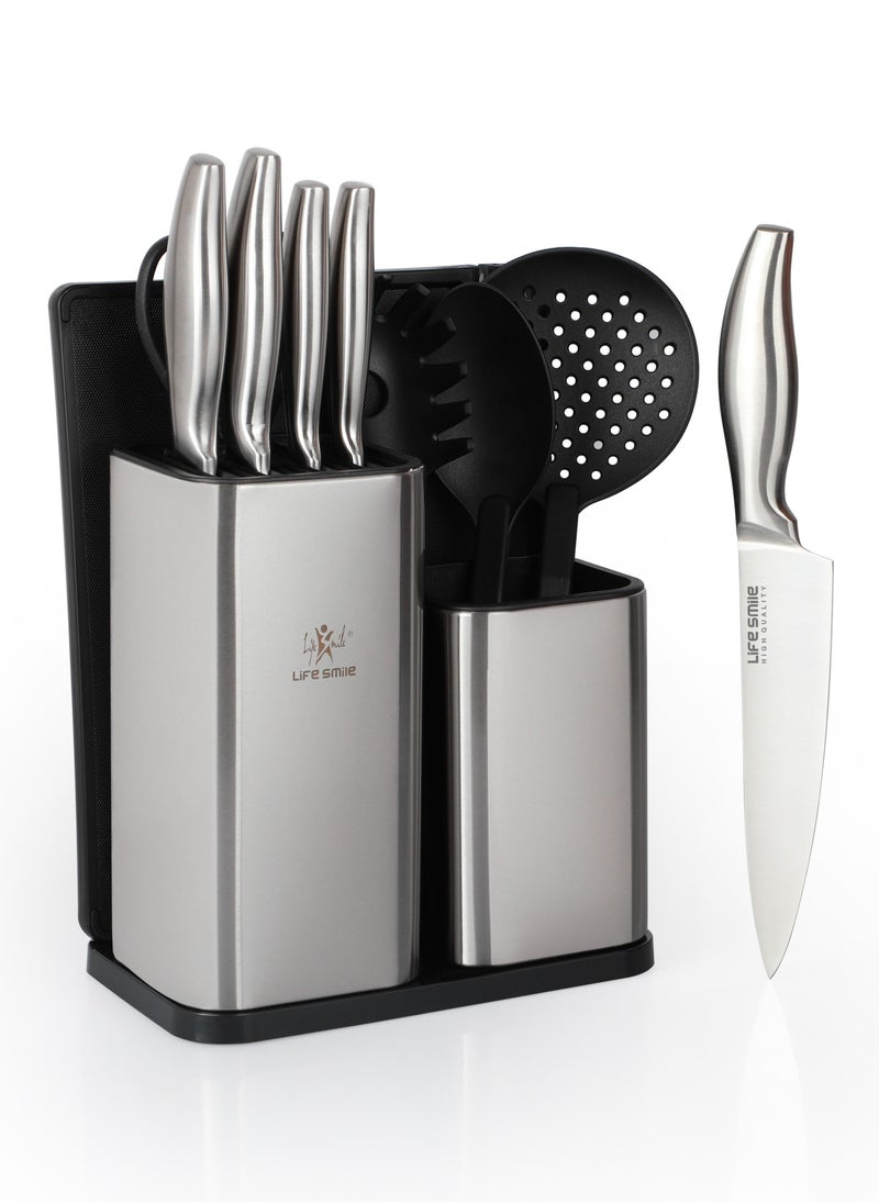 11PCS High Carbon Stainless Steel Multipurpose Knife Block Set Include Chef Knife Cleaver Santoku Knife Tools 1xCutting Board and Knife Sharpner