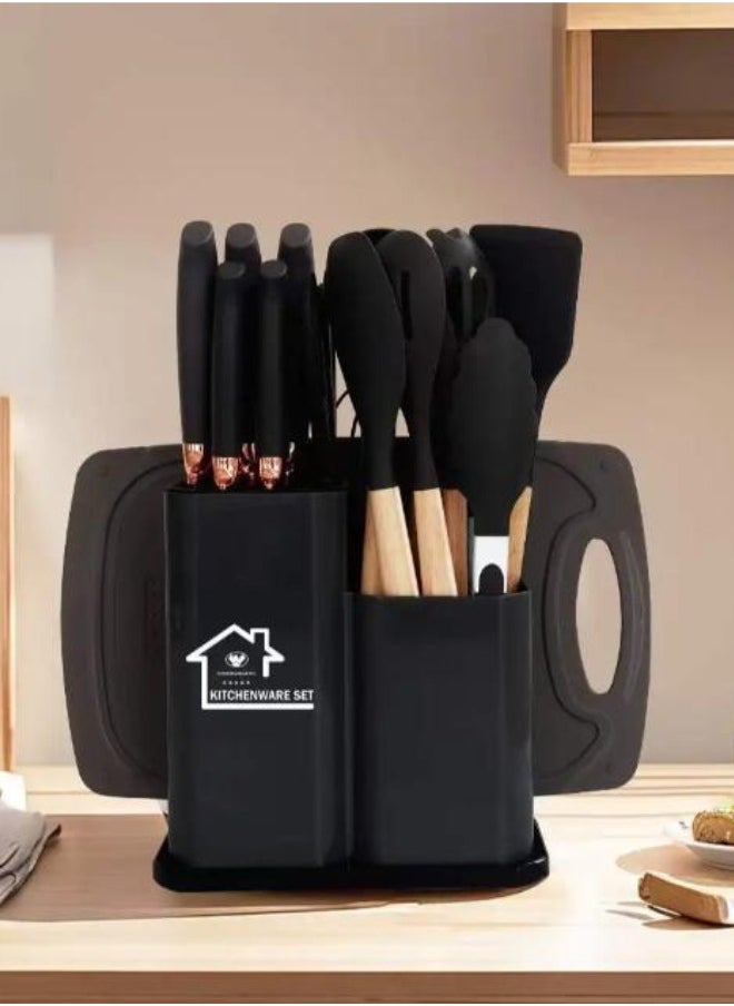 Kitchen Utensil Set 19 Piece Silicone - Non-Stick Cooking Tools Kit Includes Knives, Spatulas, Spoons, Ladles for Professional Chefs or Home Cooks