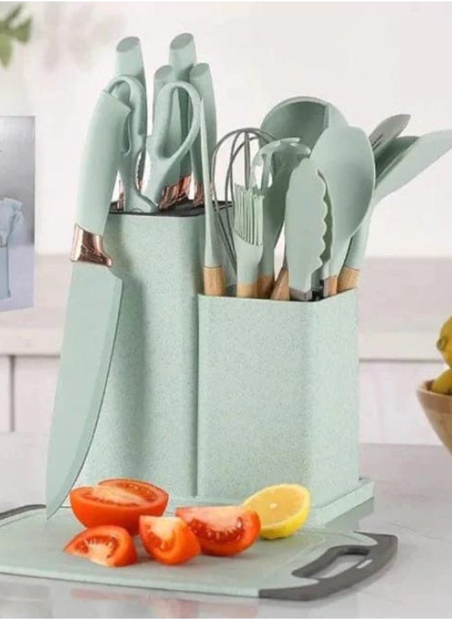 Kitchen Utensil Set 19 Piece Silicone - Non-Stick Cooking Tools Kit Includes Knives, Spatulas, Spoons, Ladles for Professional Chefs or Home Cooks