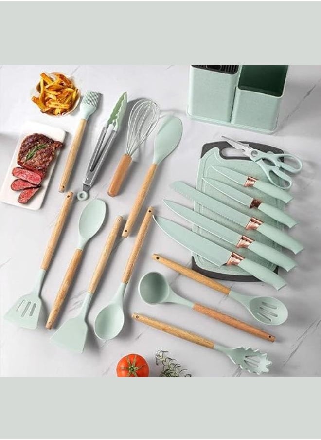 Kitchen Utensil Set 19 Piece Silicone - Non-Stick Cooking Tools Kit Includes Knives, Spatulas, Spoons, Ladles for Professional Chefs or Home Cooks