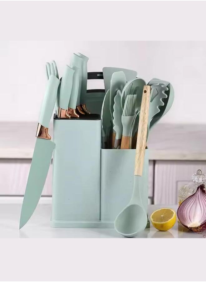 Kitchen Utensil Set 19 Piece Silicone - Non-Stick Cooking Tools Kit Includes Knives, Spatulas, Spoons, Ladles for Professional Chefs or Home Cooks