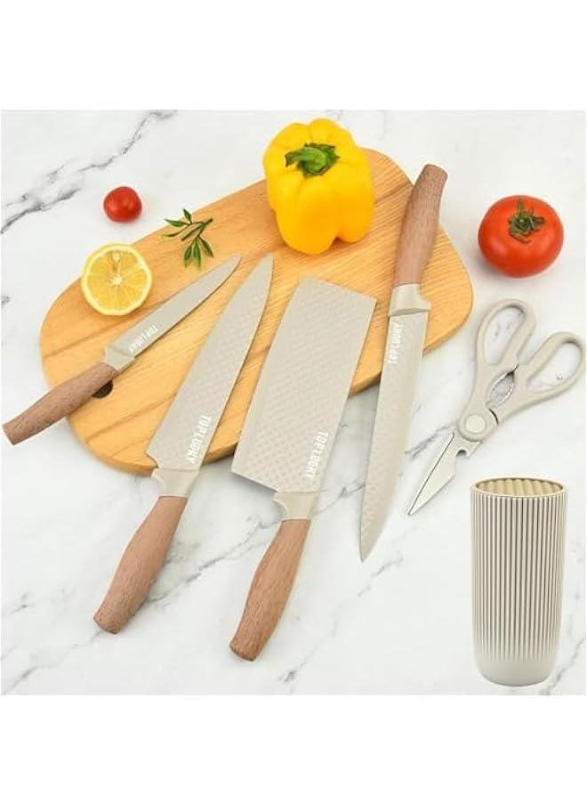 Kitchen Knife Set, 6-Pieces Khaki Sharp Knife Set for Kitchen, Non-stick Non-slip Stainless Steel Chef Knife Set with Universal Knife Block Suitable for Home Restaurant