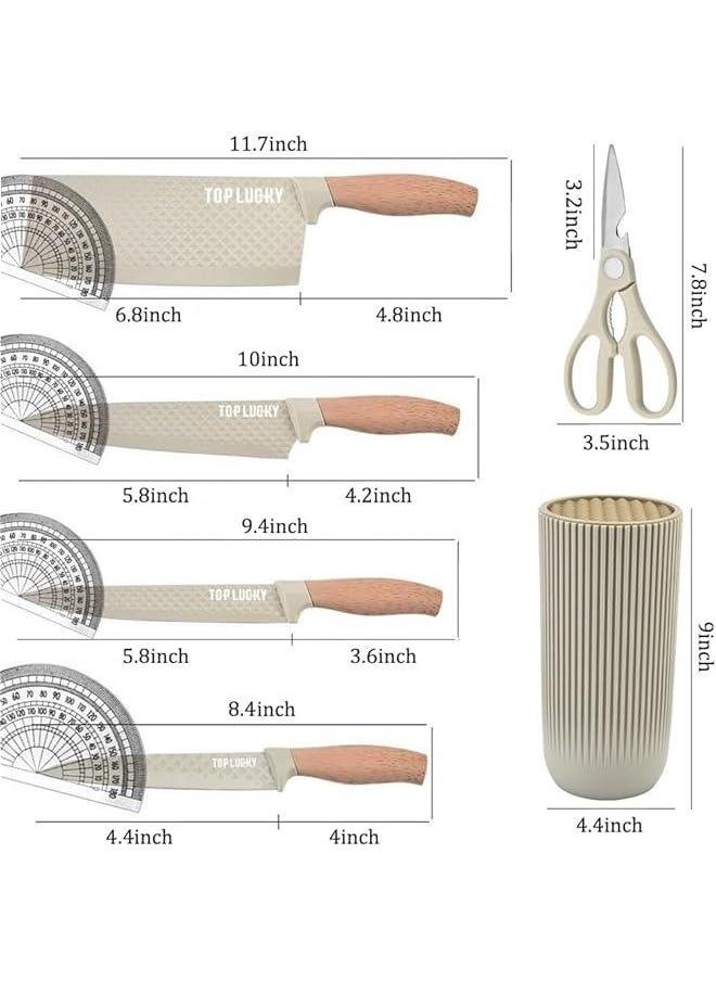 Kitchen Knife Set, 6-Pieces Khaki Sharp Knife Set for Kitchen, Non-stick Non-slip Stainless Steel Chef Knife Set with Universal Knife Block Suitable for Home Restaurant