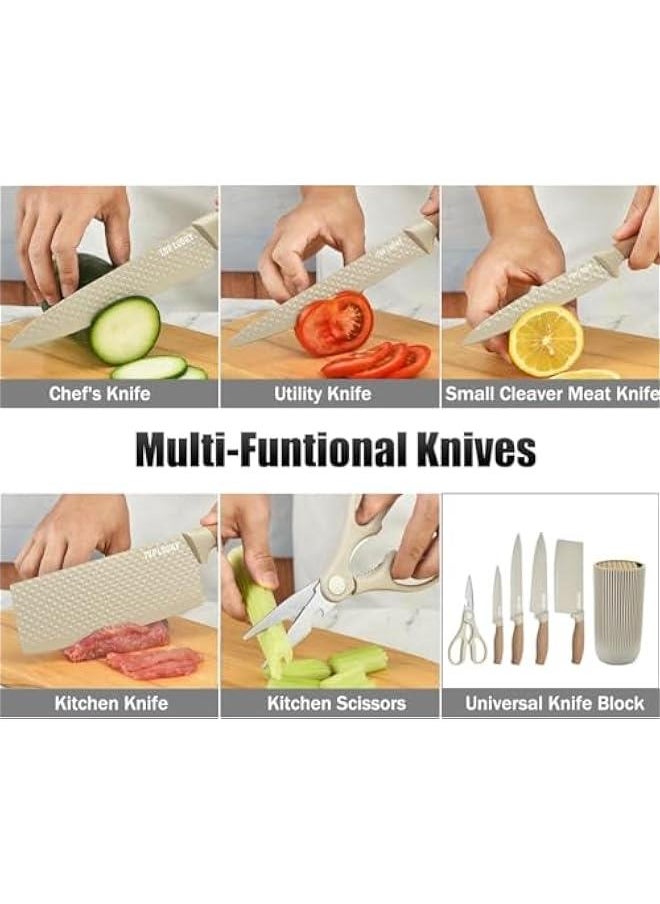 Kitchen Knife Set, 6-Pieces Khaki Sharp Knife Set for Kitchen, Non-stick Non-slip Stainless Steel Chef Knife Set with Universal Knife Block Suitable for Home Restaurant