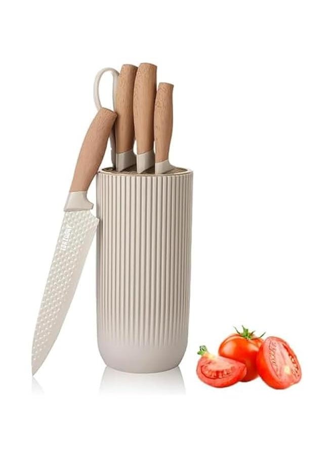 Kitchen Knife Set, 6-Pieces Khaki Sharp Knife Set for Kitchen, Non-stick Non-slip Stainless Steel Chef Knife Set with Universal Knife Block Suitable for Home Restaurant