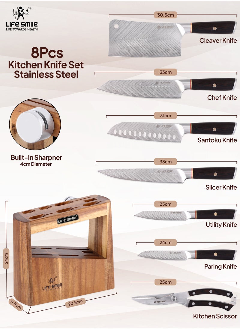 Premium Quality 8-Piece Knife Set with Block, Razor-Sharp, German Engineered Knives Set Include Cleaver, Chef, Santoku, Slicer, Utility Knife, Paring Knife and Kitchen Scissor, Durable and Strong