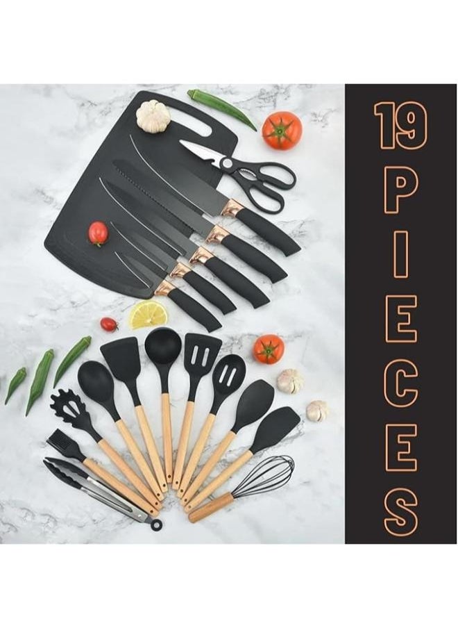 Kitchen Utensil Set 19 Piece Silicone - Non-Stick Cooking Tools Kit Includes Knives, Spatulas, Spoons, Ladles for Professional Chefs or Home Cooks(Grey)