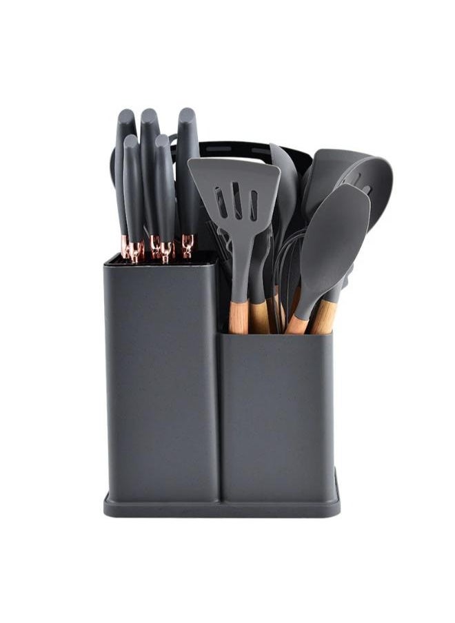 Kitchen Utensil Set 19 Piece Silicone - Non-Stick Cooking Tools Kit Includes Knives, Spatulas, Spoons, Ladles for Professional Chefs or Home Cooks(Grey)