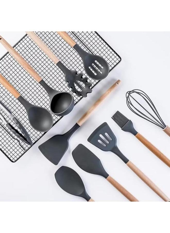 Kitchen Utensil Set 19 Piece Silicone - Non-Stick Cooking Tools Kit Includes Knives, Spatulas, Spoons, Ladles for Professional Chefs or Home Cooks(Grey)