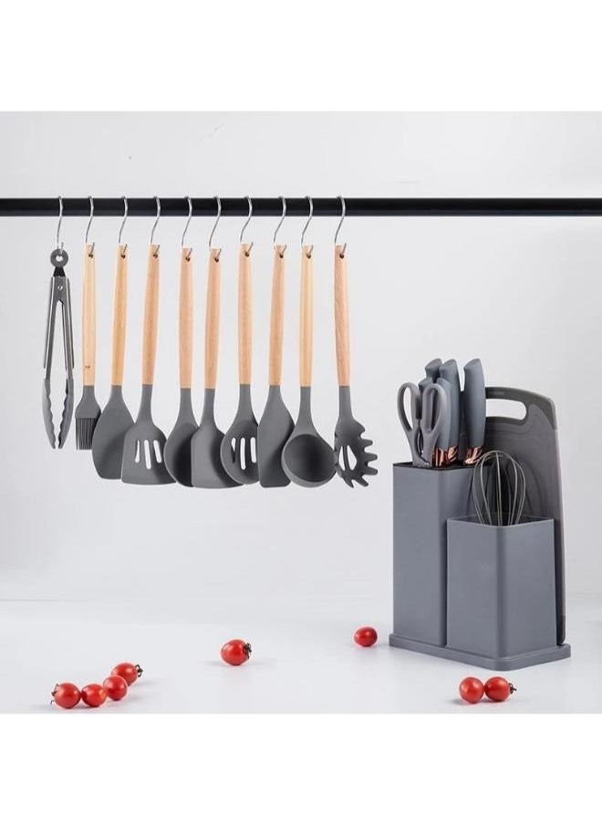 Kitchen Utensil Set 19 Piece Silicone - Non-Stick Cooking Tools Kit Includes Knives, Spatulas, Spoons, Ladles for Professional Chefs or Home Cooks(Grey)