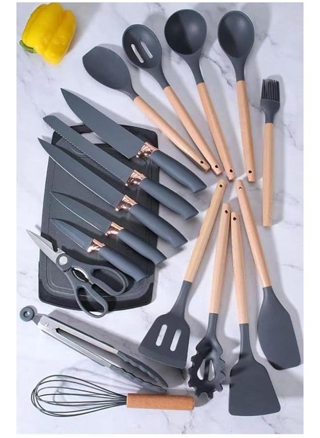 Kitchen Utensil Set 19 Piece Silicone - Non-Stick Cooking Tools Kit Includes Knives, Spatulas, Spoons, Ladles for Professional Chefs or Home Cooks(Grey)