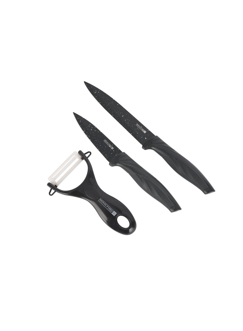 Royalford Kitchen Knife Set- RF12580/ Pack of 6, Includes Chef, Slicing, Utility, Fruit, Bread Knife and Ceramic Peeler/ Granite Coated Blades, Ergonomic Design with Comfortable PP Handle Black