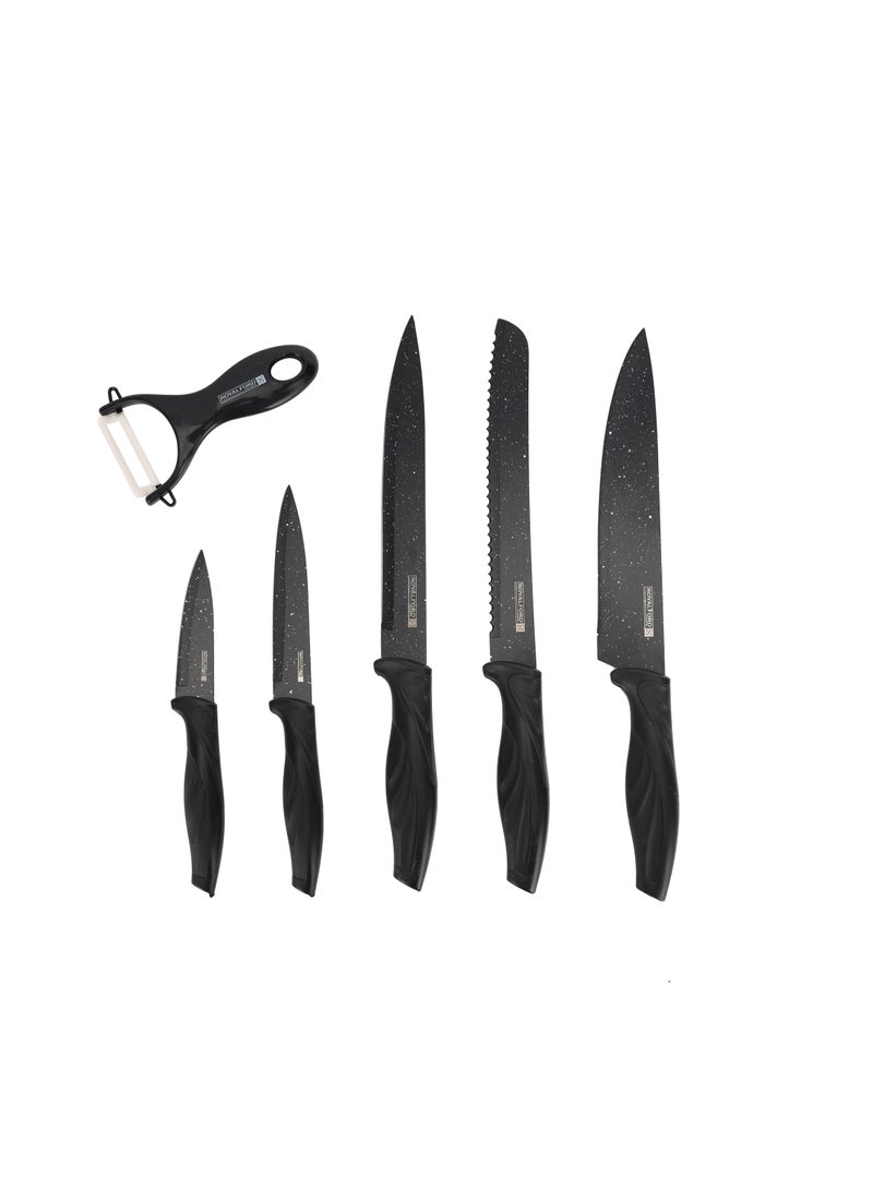 Royalford Kitchen Knife Set- RF12580/ Pack of 6, Includes Chef, Slicing, Utility, Fruit, Bread Knife and Ceramic Peeler/ Granite Coated Blades, Ergonomic Design with Comfortable PP Handle Black