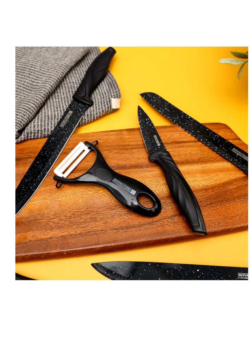 Royalford Kitchen Knife Set- RF12580/ Pack of 6, Includes Chef, Slicing, Utility, Fruit, Bread Knife and Ceramic Peeler/ Granite Coated Blades, Ergonomic Design with Comfortable PP Handle Black