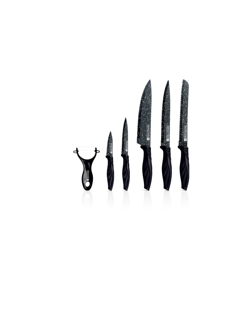 Royalford Kitchen Knife Set- RF12580/ Pack of 6, Includes Chef, Slicing, Utility, Fruit, Bread Knife and Ceramic Peeler/ Granite Coated Blades, Ergonomic Design with Comfortable PP Handle Black