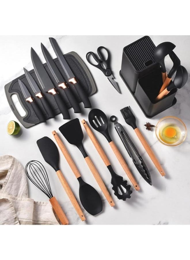 19-Piece Silicone Kitchen Utensil Set Nonstick Cooking Tools, Stainless Steel Knives, Cutting Board, Spatula, Turner, Whisk, Heat-Resistant Nonstick Cookware Set With Wooden Handles