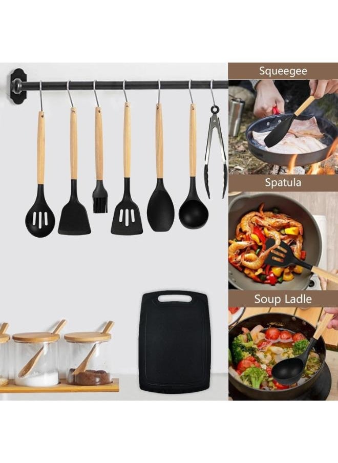 19-Piece Silicone Kitchen Utensil Set Nonstick Cooking Tools, Stainless Steel Knives, Cutting Board, Spatula, Turner, Whisk, Heat-Resistant Nonstick Cookware Set With Wooden Handles