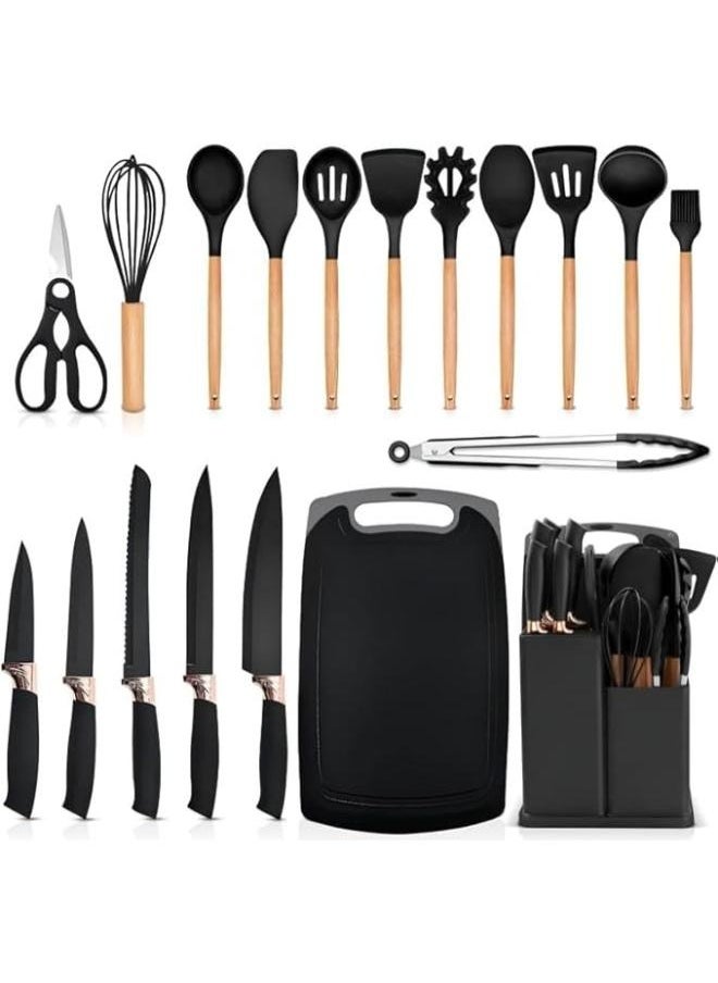 19-Piece Silicone Kitchen Utensil Set Nonstick Cooking Tools, Stainless Steel Knives, Cutting Board, Spatula, Turner, Whisk, Heat-Resistant Nonstick Cookware Set With Wooden Handles