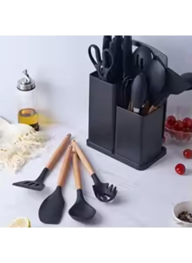 19-Piece Silicone Kitchen Utensil Set Nonstick Cooking Tools, Stainless Steel Knives, Cutting Board, Spatula, Turner, Whisk, Heat-Resistant Nonstick Cookware Set With Wooden Handles