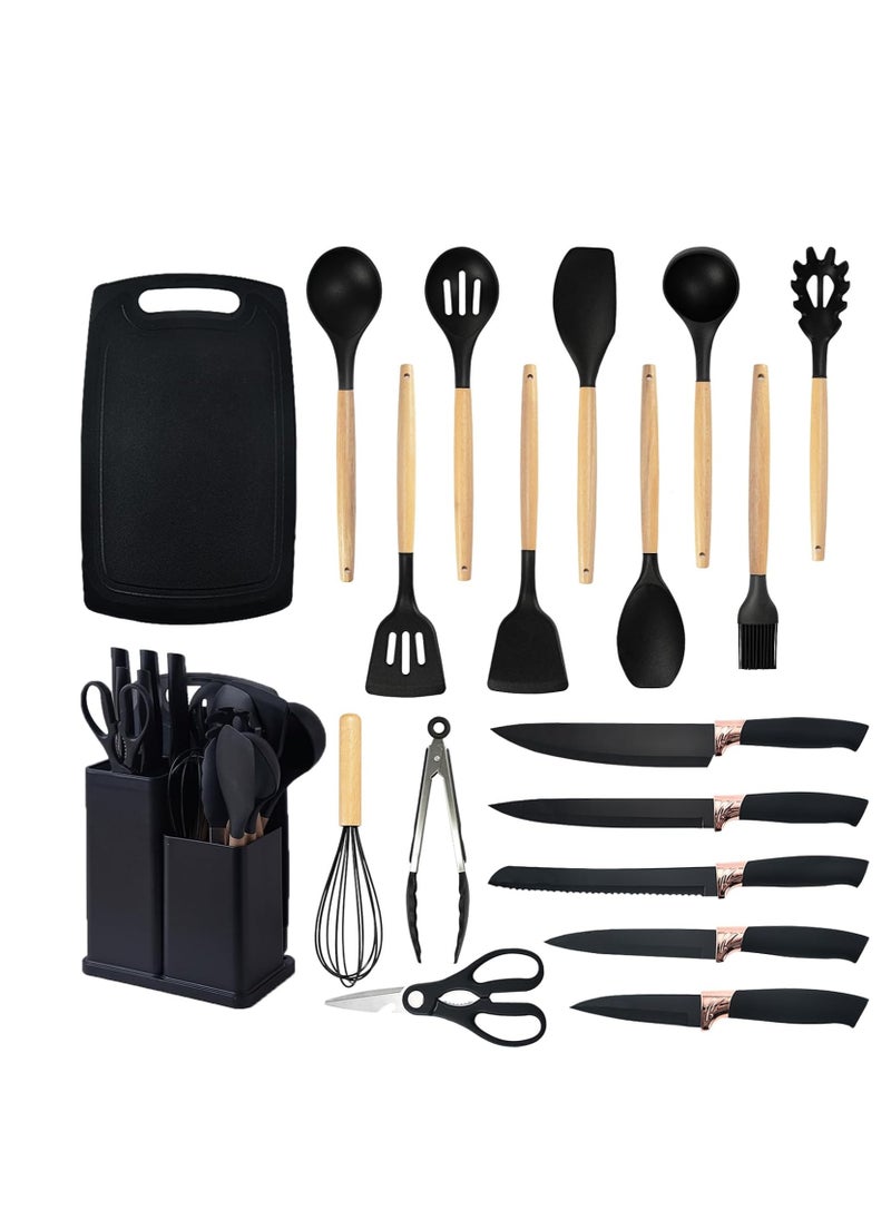 19 Piece Silicone Kitchenware Heat Resistant Non stick Cooking Tool with Wooden Handles Silicone Cookware Set