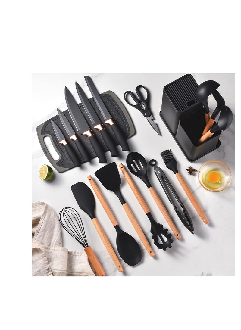 19 Piece Silicone Kitchenware Heat Resistant Non stick Cooking Tool with Wooden Handles Silicone Cookware Set