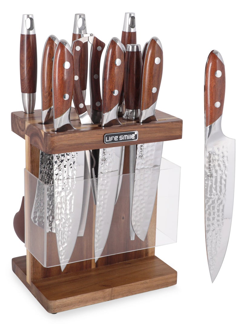 Premium Quality Hig Carbon Stainlesss Steel 12-Piece Knife Set with Block, Razor-Sharp, German Engineered Knives Set Include Cleaver, Chef, Santoku, Slicer, Utility Knife, Paring Knife and Kitchen Scissor, Durable and Strong